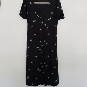 Long Button-up Dress, Black with Flowers